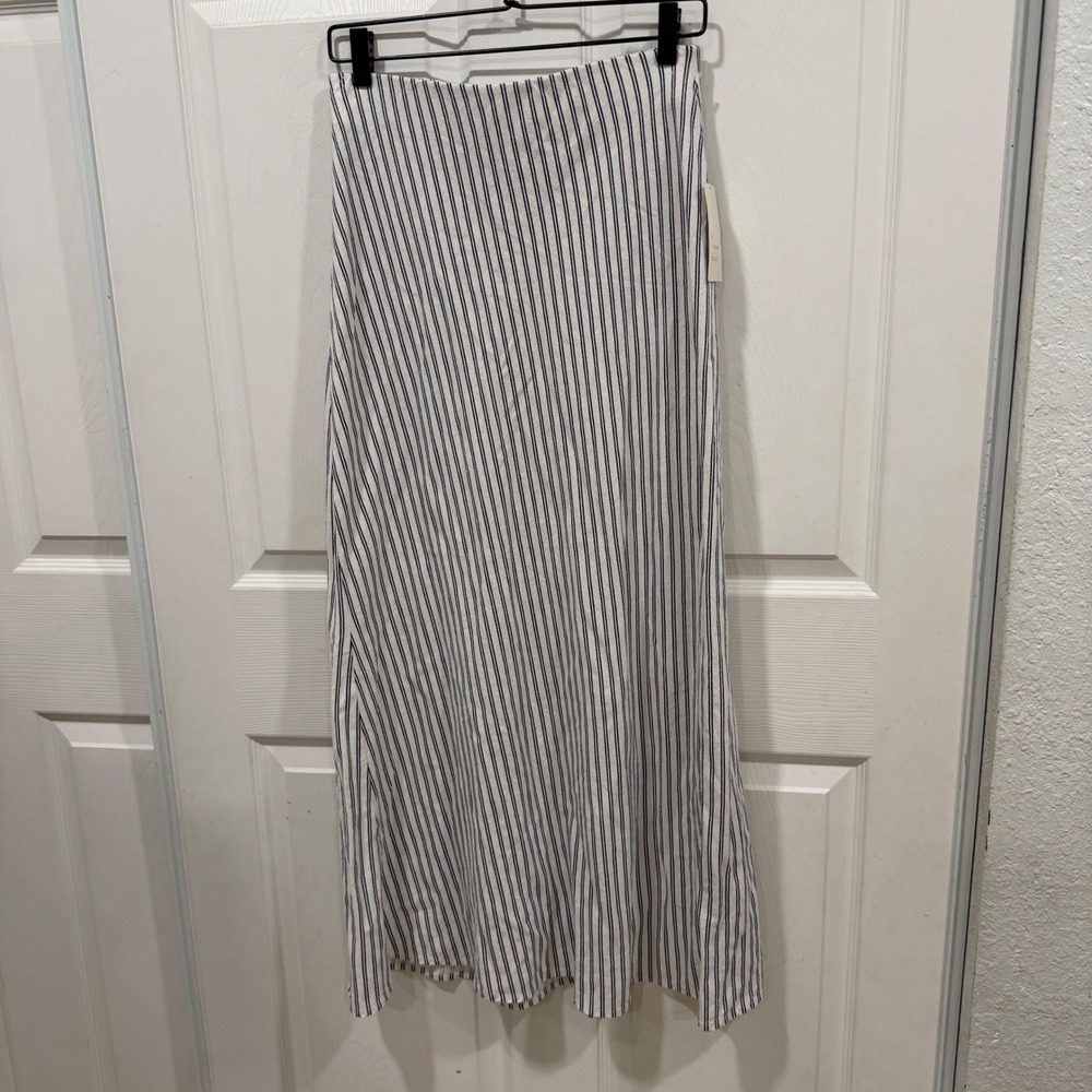 A New Day Womens Striped Linen Blend Midi Skirt Navy Blue White Small